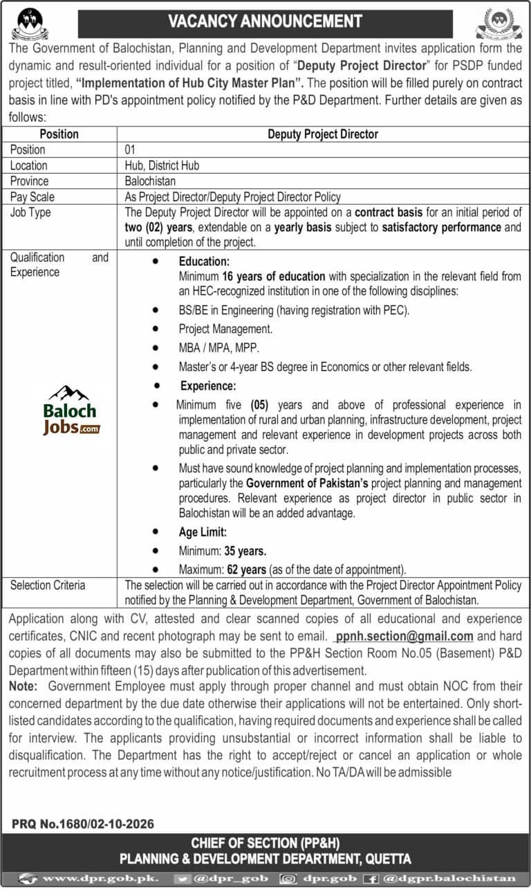 Planning and Development Department, Government of Balochistan Jobs 2026 Advertisement