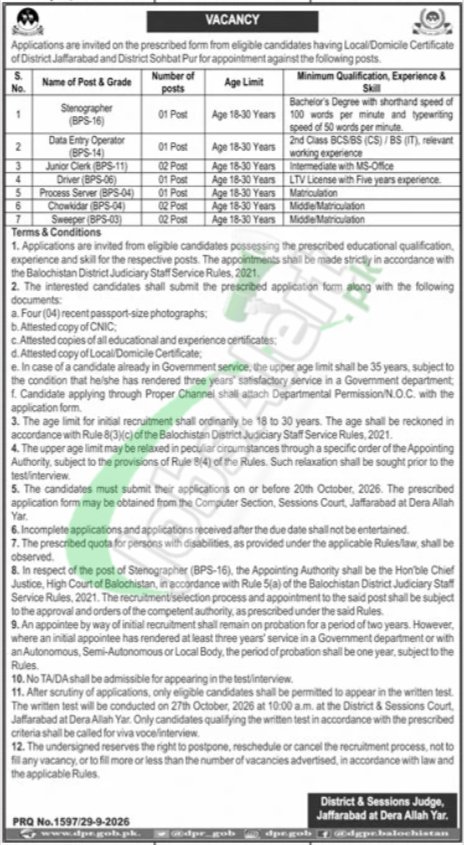 District & Sessions Court Jaffarabad Jobs 2026 Advertisement