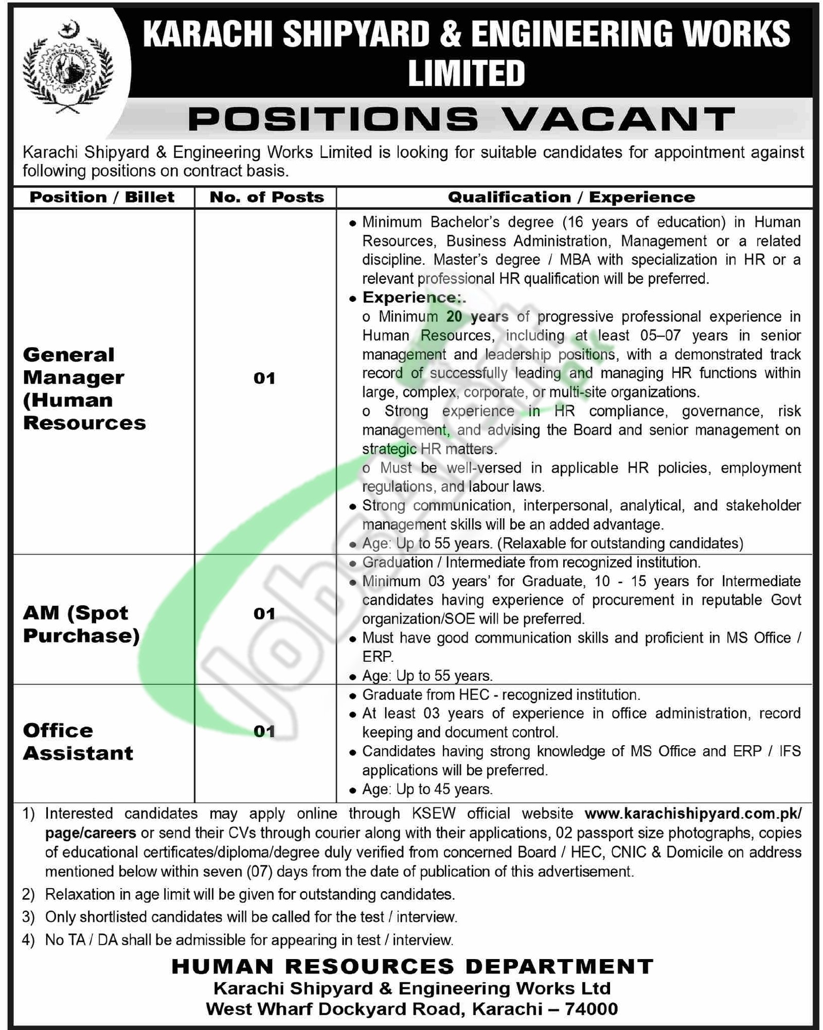 Karachi Shipyard & Engineering Works (KSEW) Jobs 2026 Advertisement