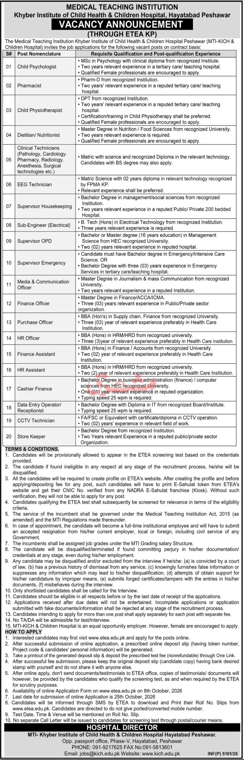Khyber Institute of Child Health and Children Hospital Jobs 2026 Advertisement
