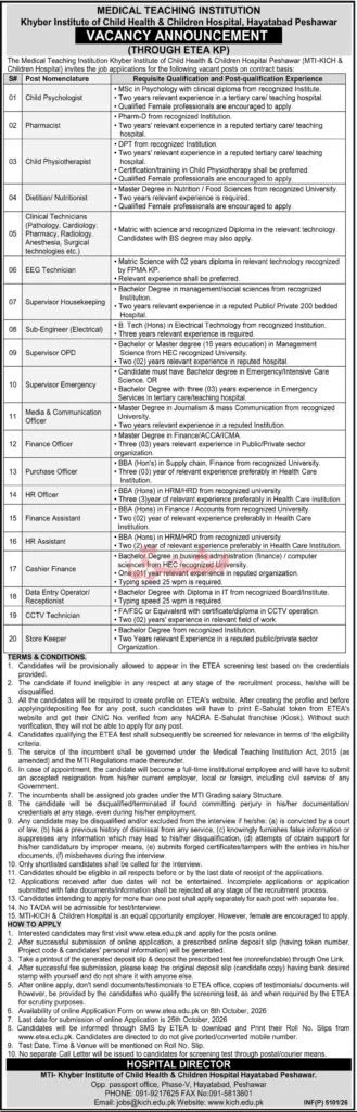 Khyber Institute of Child Health (MTI-KICH) Jobs 2026 Advertisement
