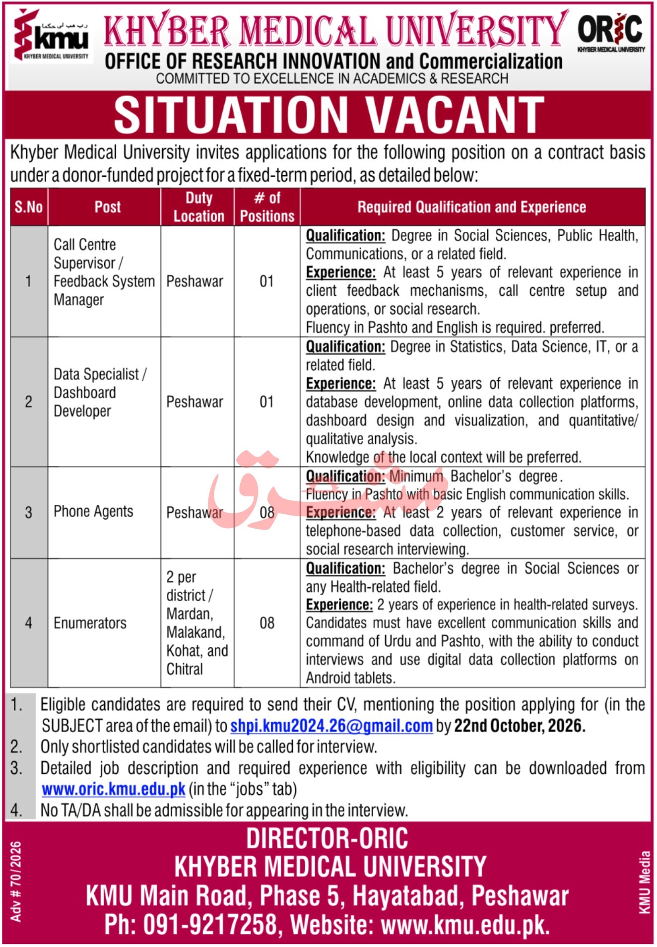 Khyber Medical University Jobs 2026 Advertisement
