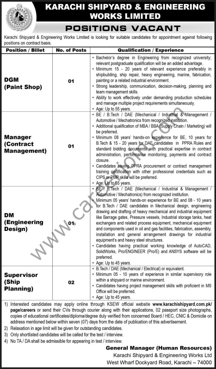 Karachi Shipyard & Engineering Works (KSEW) Jobs 2026 Advertisement