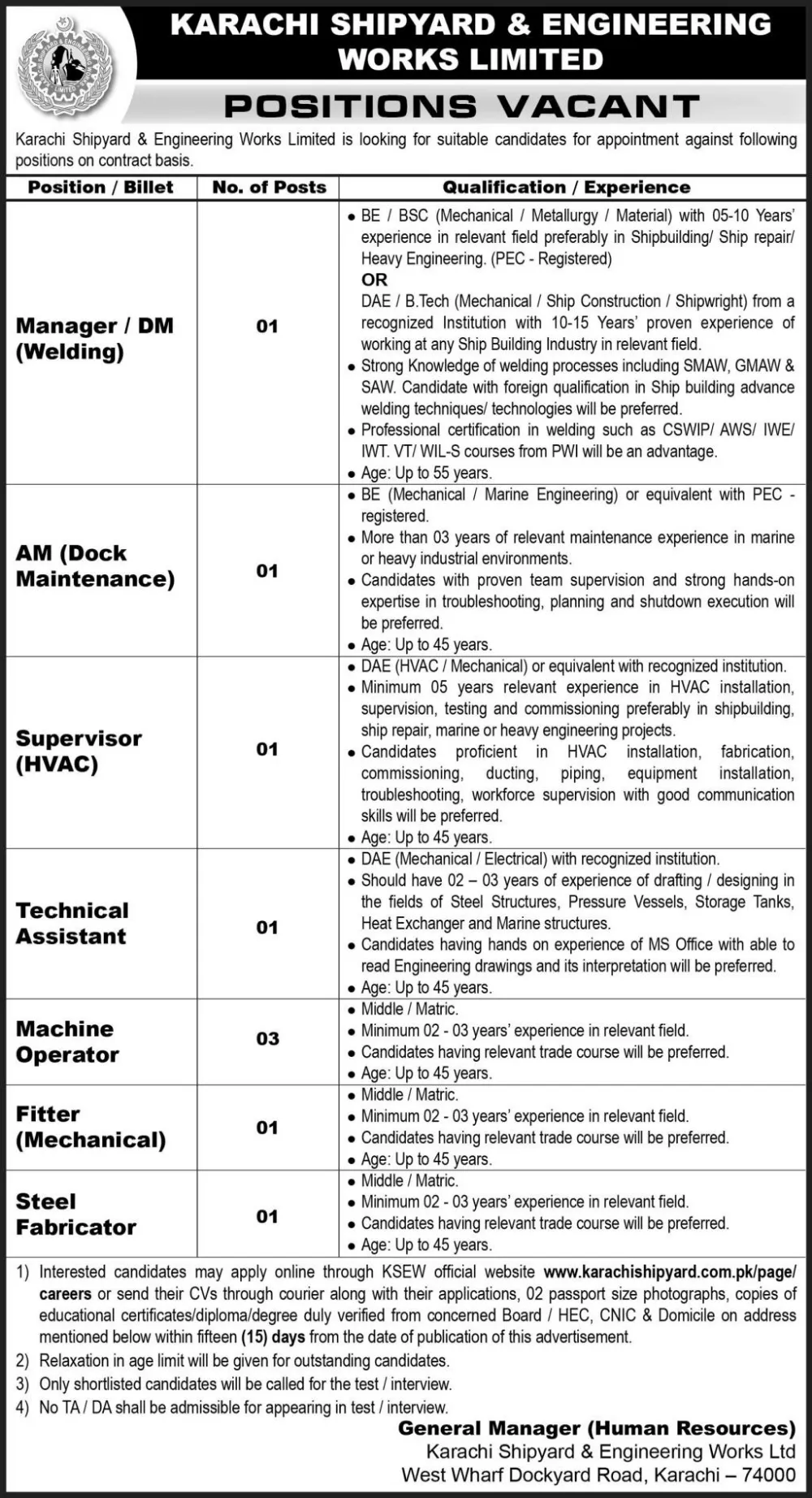 Karachi Shipyard & Engineering Works Limited Jobs 2026 Advertisement