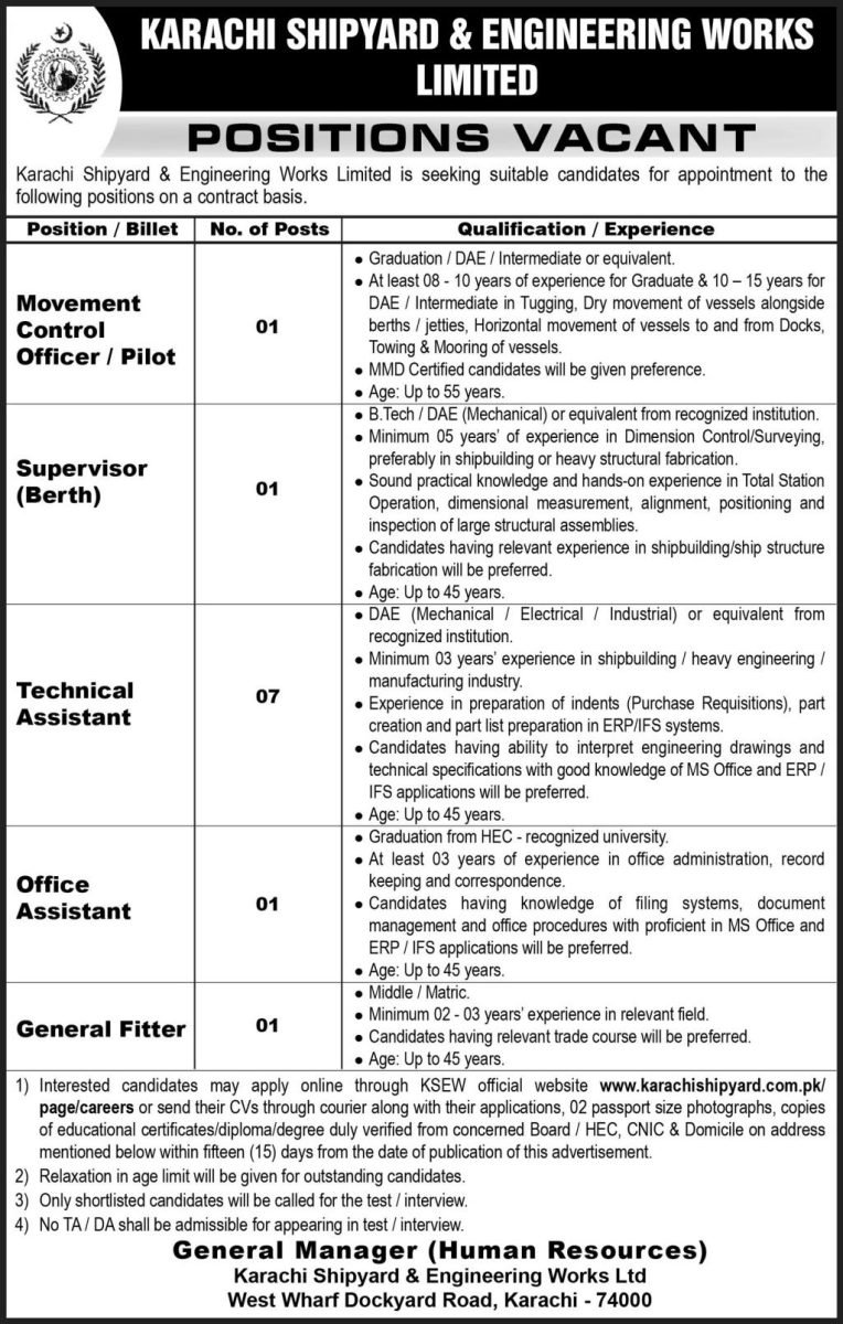 Karachi Shipyard & Engineering Works (KSEW) Jobs 2026 Advertisement