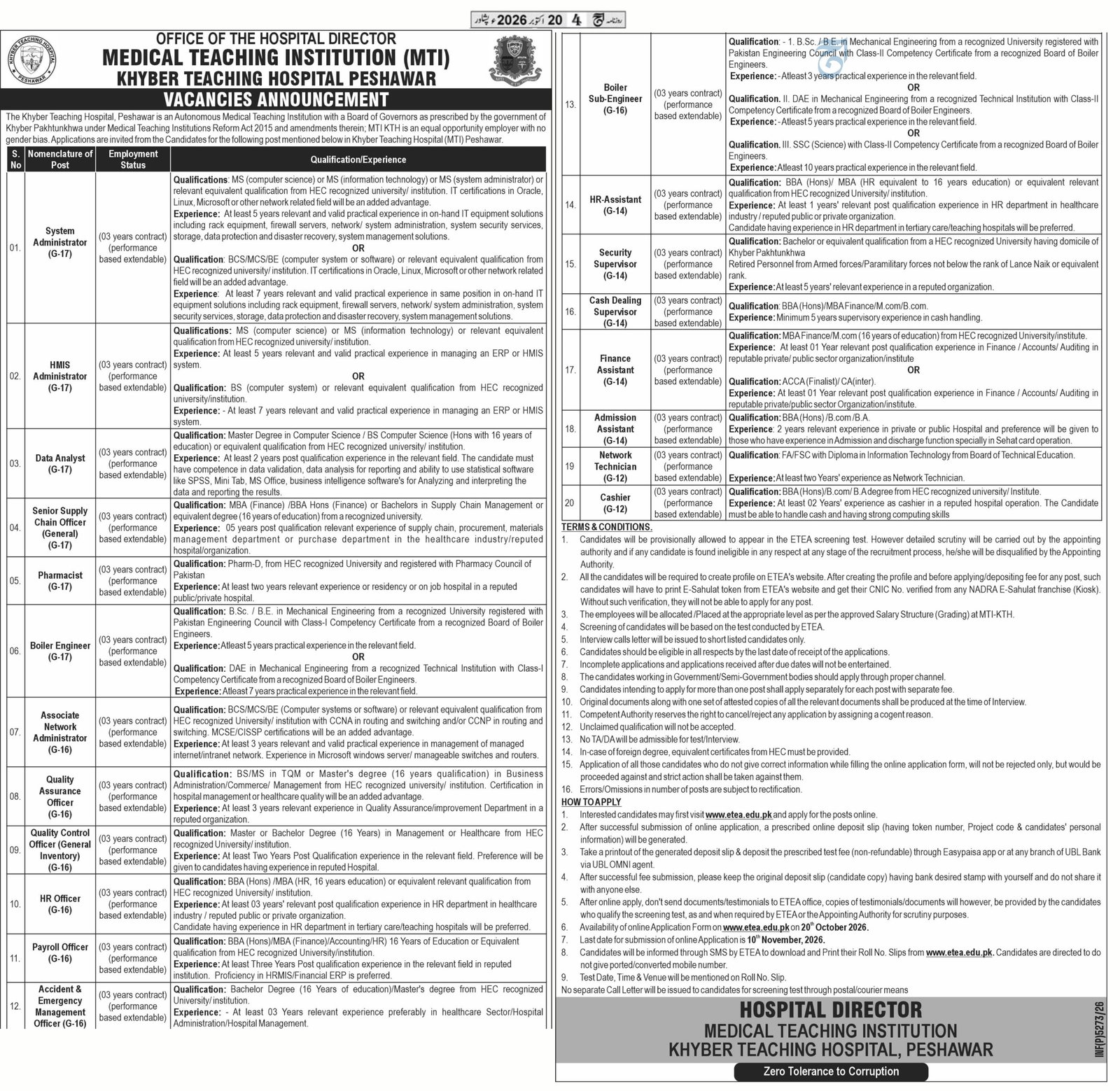 Khyber Teaching Hospital Jobs 2026 Advertisement