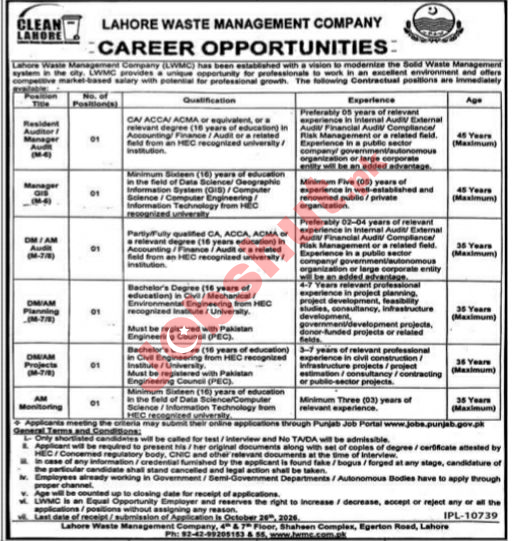 Lahore Waste Management Company Jobs 2026 Advertisement