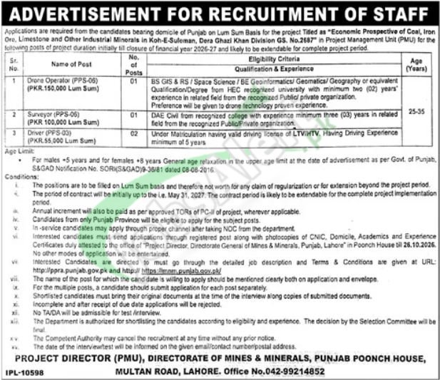 Mines & Minerals Department, Punjab Jobs 2026 Advertisement