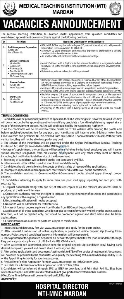 Medical Teaching Institution Mardan Jobs 2026 Advertisement