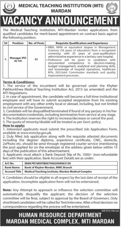 Medical Teaching Institution Mardan Jobs 2026 Advertisement
