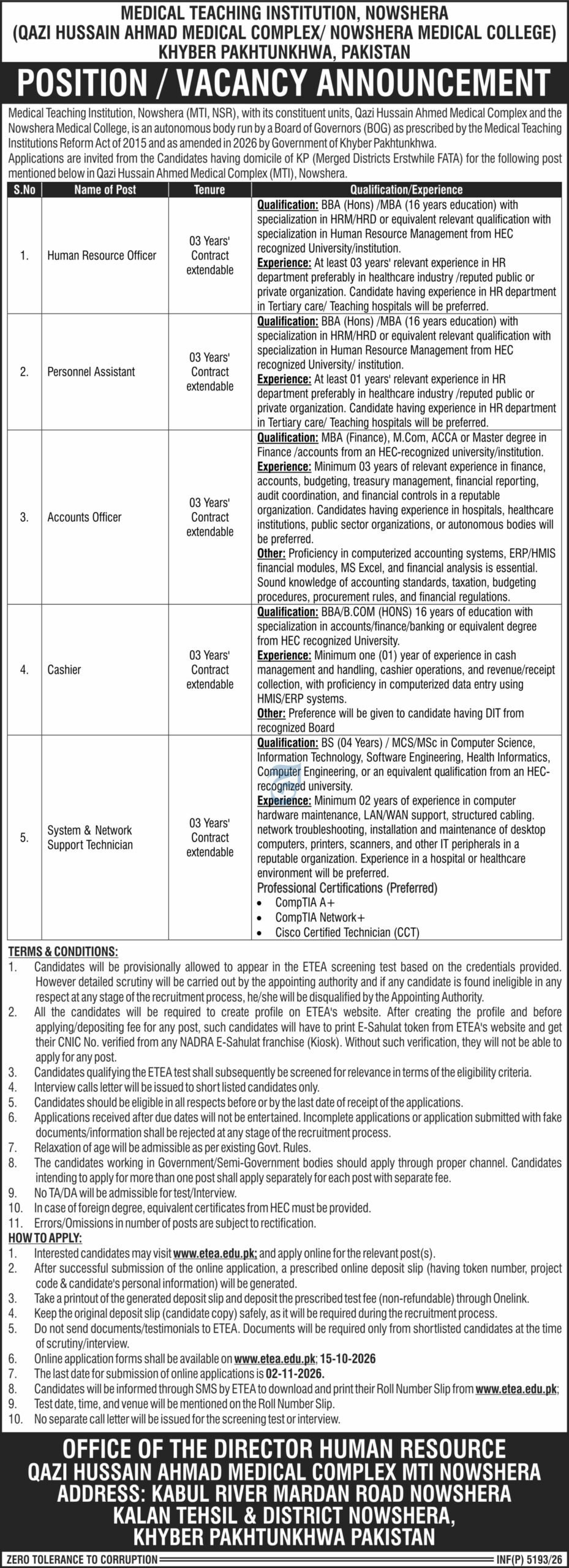Medical Teaching Institution, Nowshera Jobs 2026 Advertisement