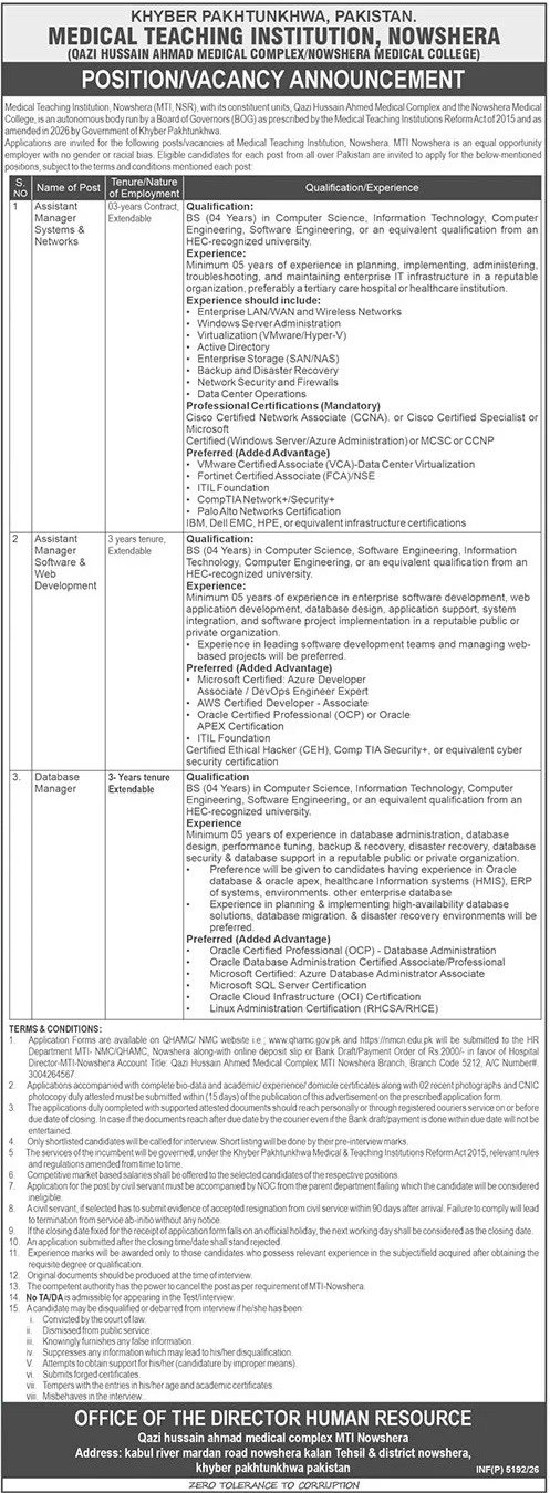 Medical Teaching Institution, Nowshera Jobs 2026 Advertisement