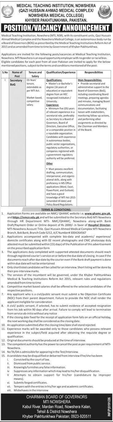 Medical Teaching Institution, Nowshera Jobs 2026 Advertisement