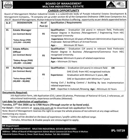 Board of Management Multan Industrial Estate Jobs 2026 Advertisement