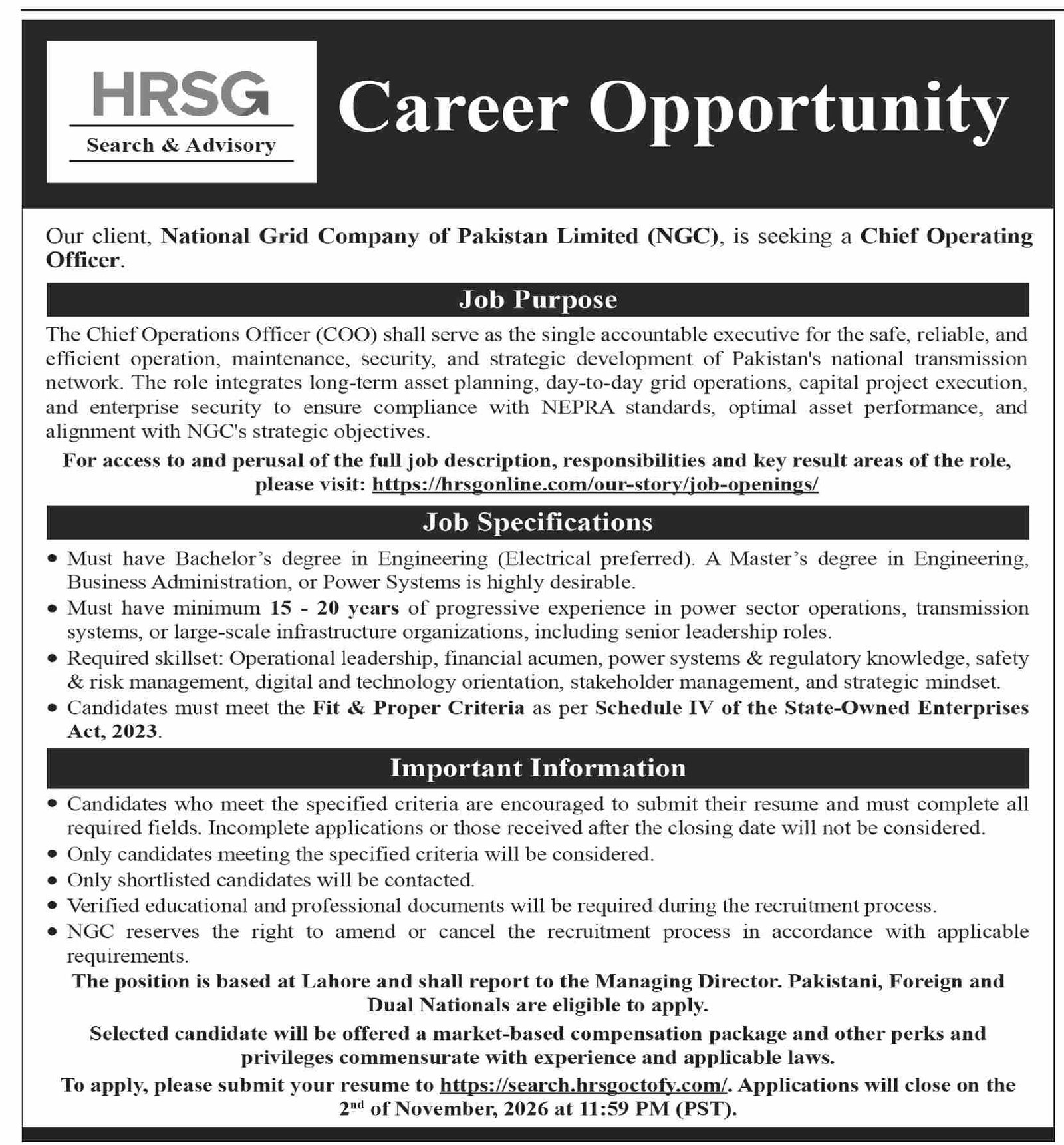 National Grid Company of Pakistan Jobs 2026 Advertisement