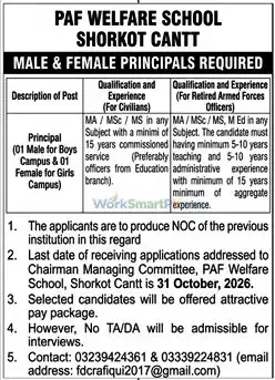 PAF Welfare School Shorkot Cantt Jobs 2026 Advertisement