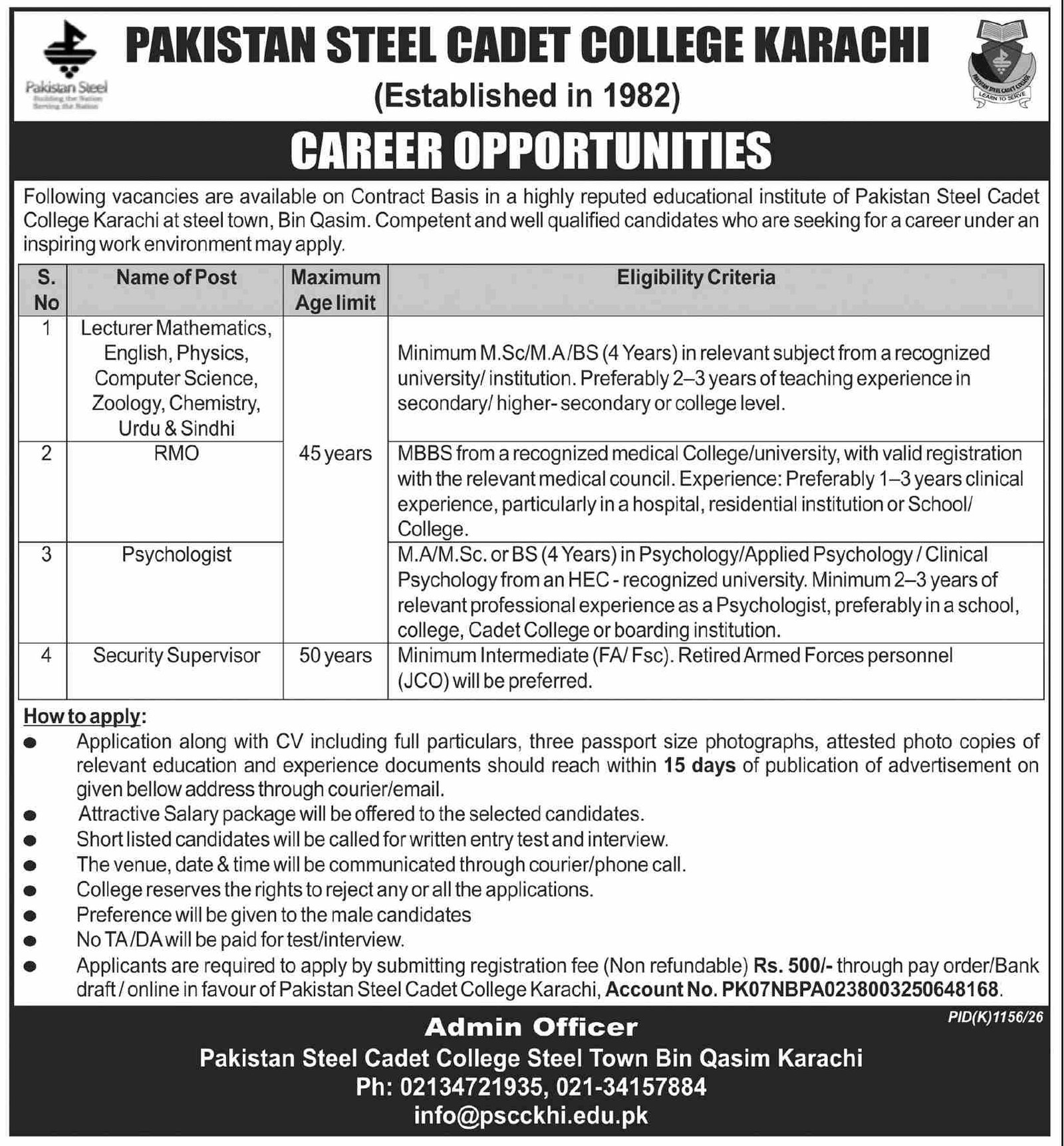 Pakistan Steel Cadet College Jobs 2026 Advertisement