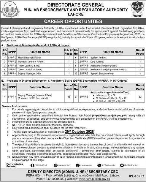Assistant Manager (Internal Affairs) Jobs 2026 – PERA Punjab — Official Newspaper Advertisement