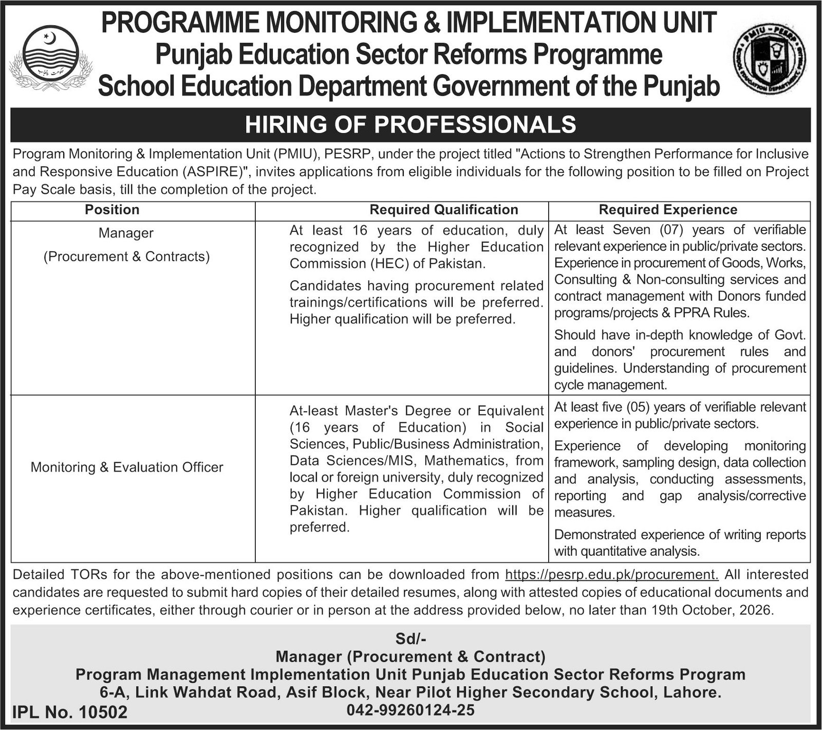 Punjab Education Sector Reform Programme Jobs 2026 Advertisement