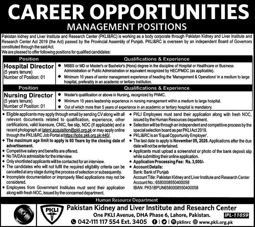 Pakistan Kidney and Liver Institute and Research Center Jobs 2026 Advertisement