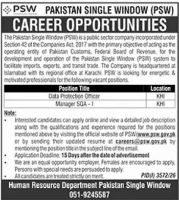 Pakistan Single Window (PSW) Jobs 2026 Advertisement
