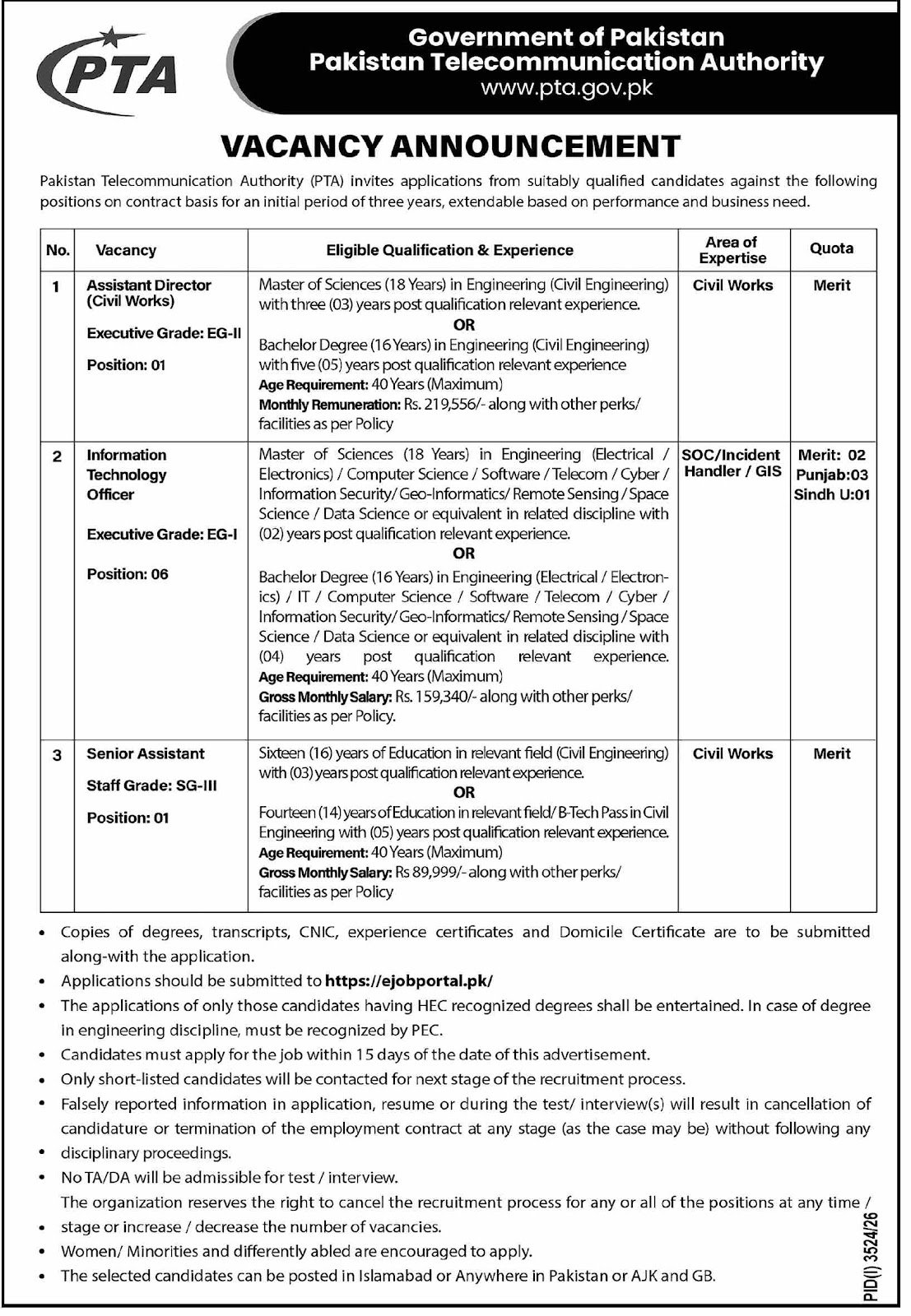 Pakistan Telecommunication Authority Jobs 2026 Advertisement
