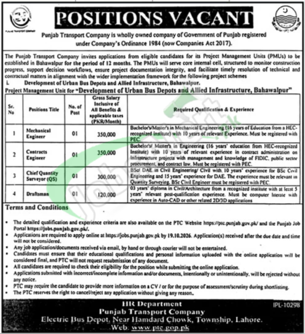 Punjab Transport Company Jobs 2026 Advertisement