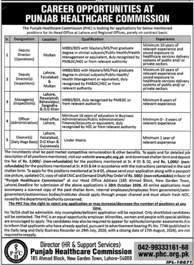 Punjab Healthcare Commission (PHC) Jobs 2026 Advertisement