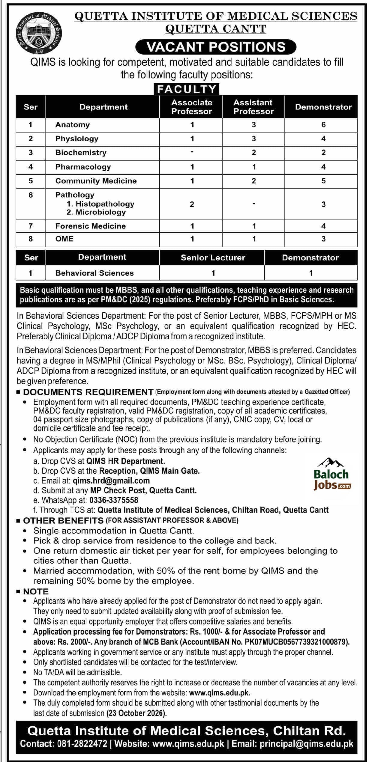Quetta Institute of Medical Sciences Jobs 2026 Advertisement