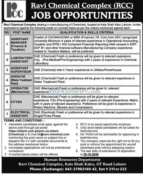 Ravi Chemical Complex Jobs 2026 Advertisement