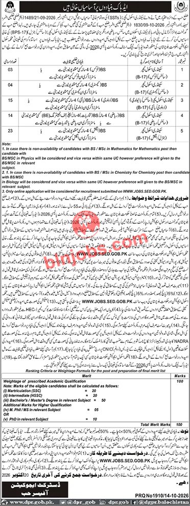 School Education Department, Government of Balochistan Jobs 2026 Advertisement