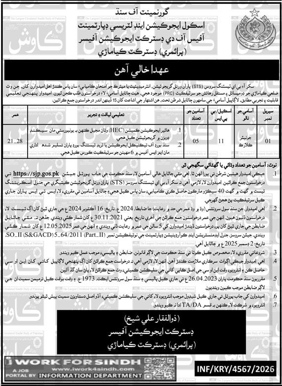 School Education & Literacy Department Sindh Jobs 2026 Advertisement