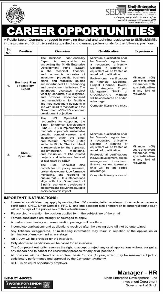 Sindh Enterprise Development Fund Jobs 2026 Advertisement