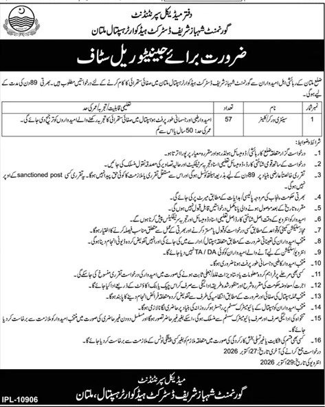 Govt Shahbaz Sharif DHQ Hospital Jobs 2026 Advertisement