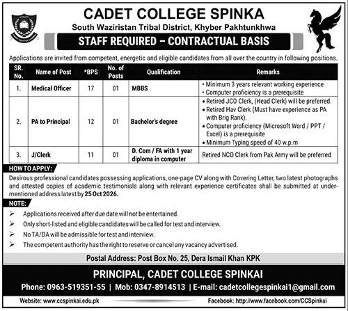 Cadet College Spinkai Jobs 2026 Advertisement