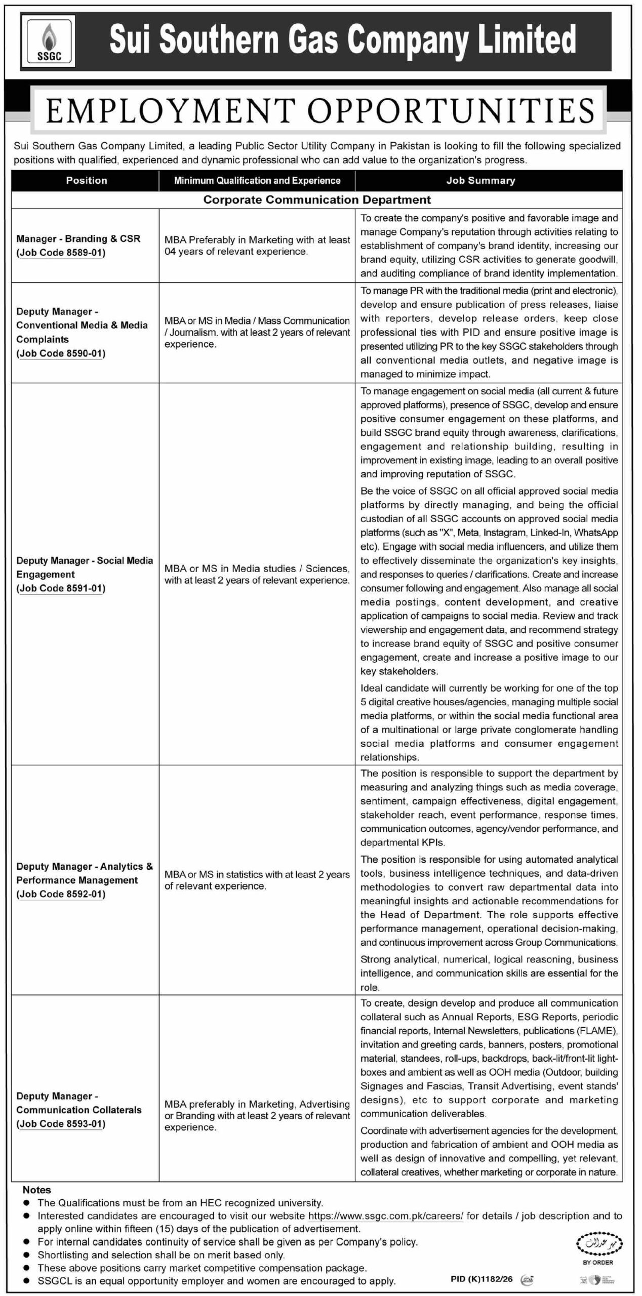 Sui Southern Gas Company Limited Jobs 2026 Advertisement
