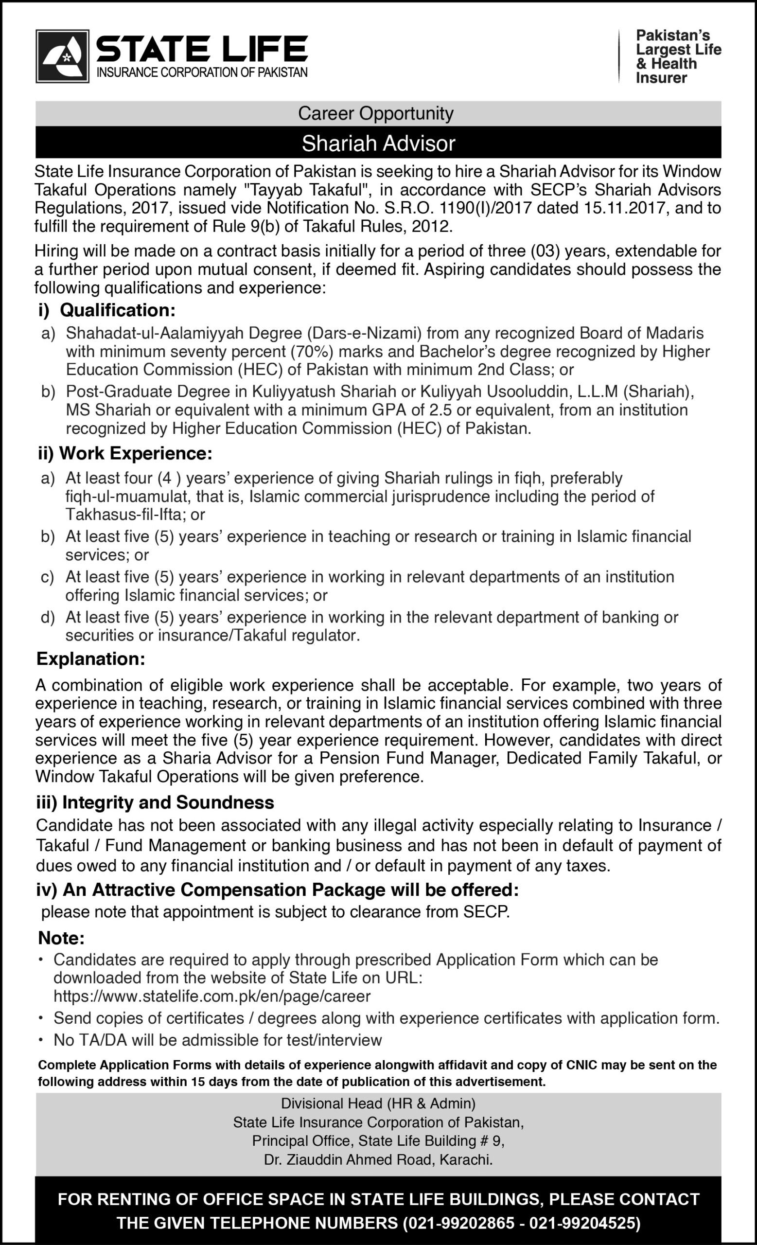State Life Insurance Corporation of Pakistan Jobs 2026 Advertisement