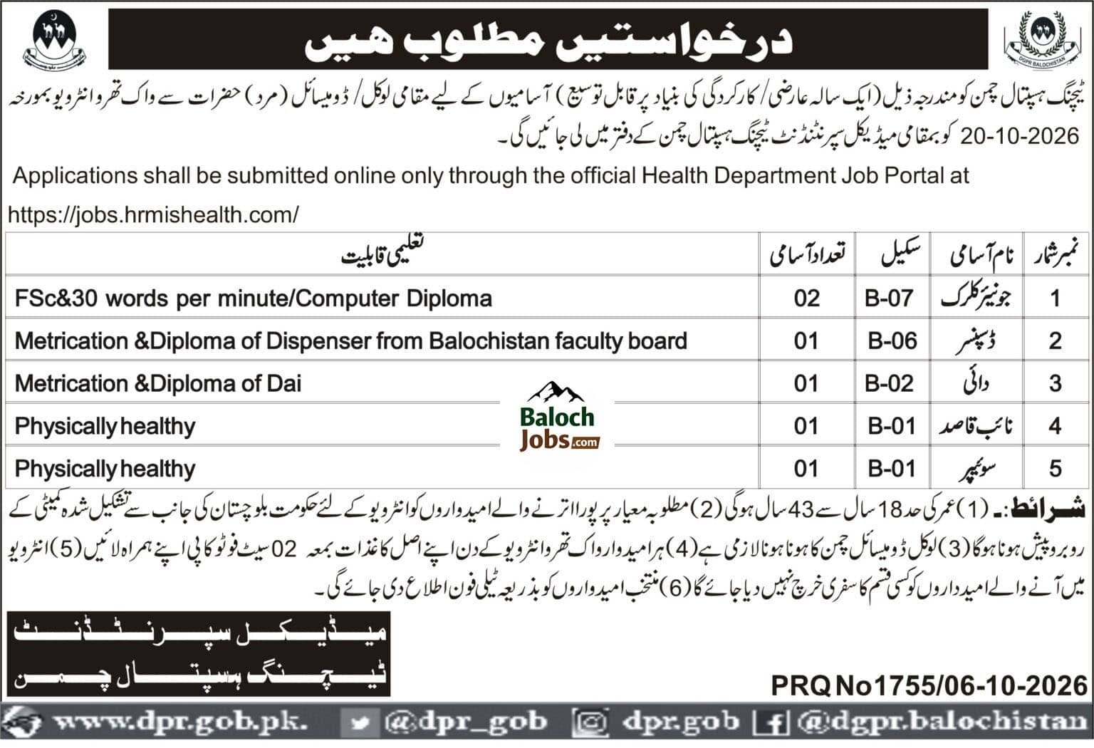 Teaching Hospital Chaman Jobs 2026 Advertisement