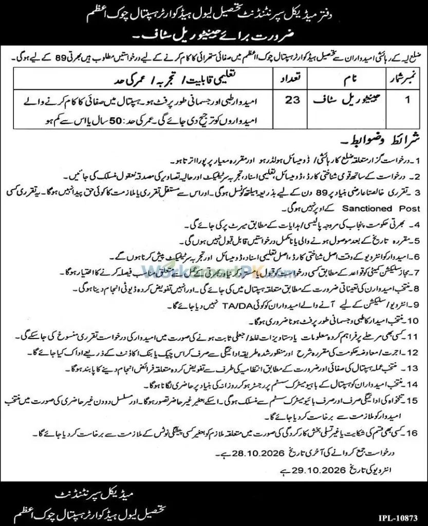 Tehsil Headquarter Hospital Chowk Azam Jobs 2026 Advertisement