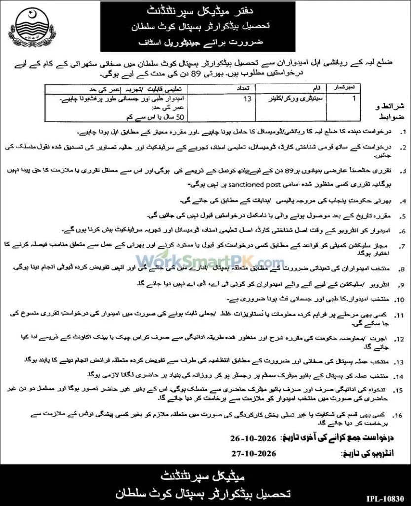 Tehsil Headquarter Hospital Kot Sultan Jobs 2026 Advertisement