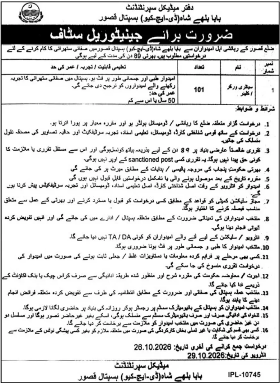 Baba Bulleh Shah DHQ Hospital Kasur Jobs 2026 Advertisement