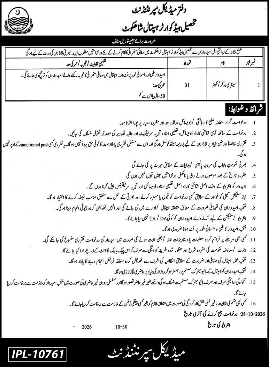 THQ Hospital Shahkot Jobs 2026 Advertisement