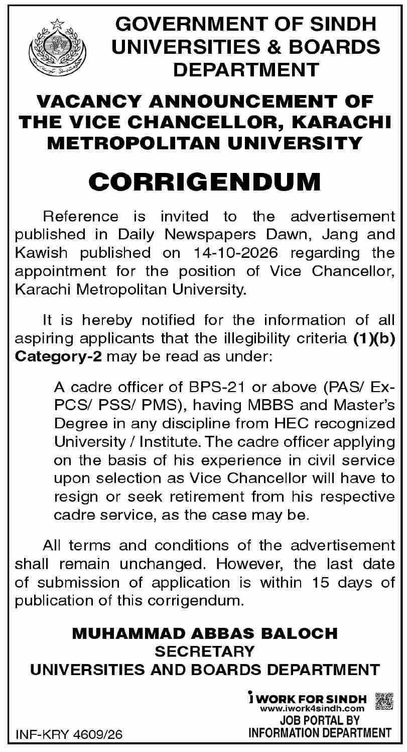 Karachi Metropolitan University Jobs 2026 Advertisement