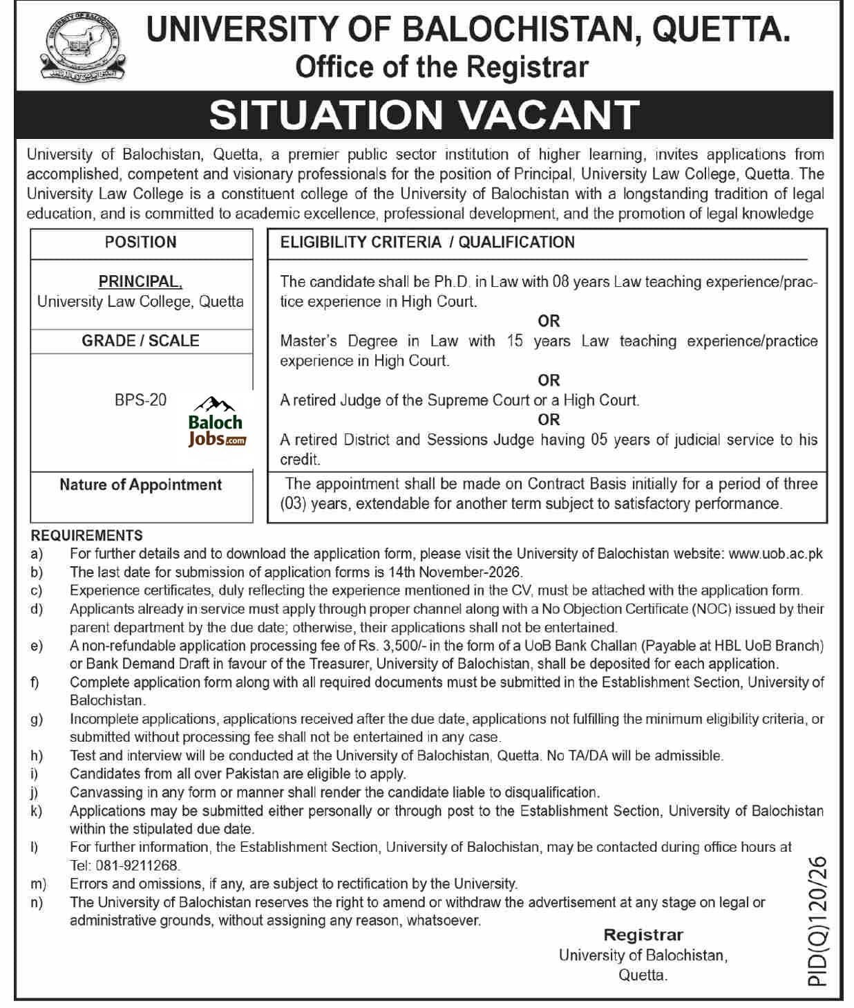 University of Balochistan Jobs 2026 Advertisement