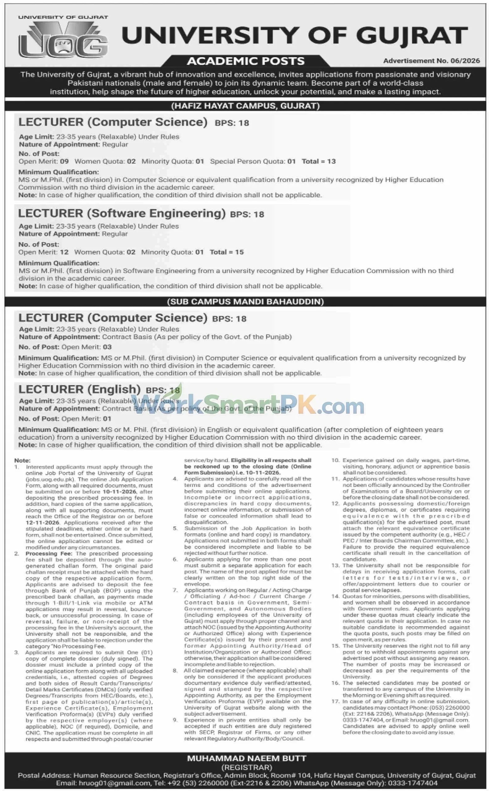 University of Gujrat Jobs 2026 Advertisement