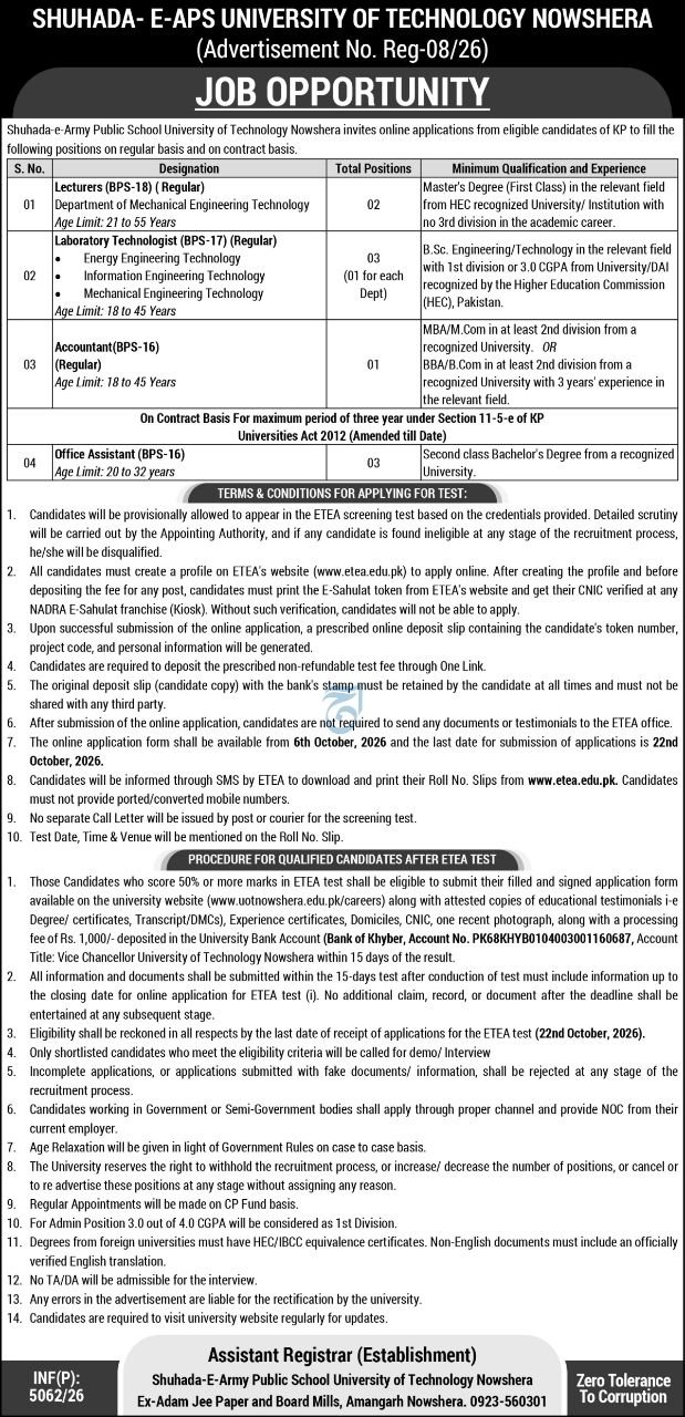 University of Technology Nowshera Jobs 2026