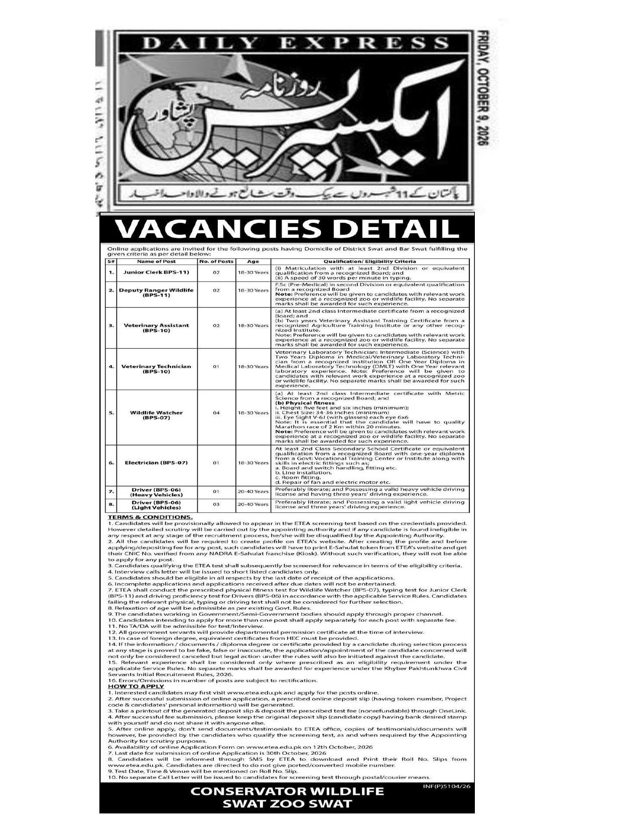 Wildlife Department, Khyber Pakhtunkhwa Jobs 2026 Advertisement