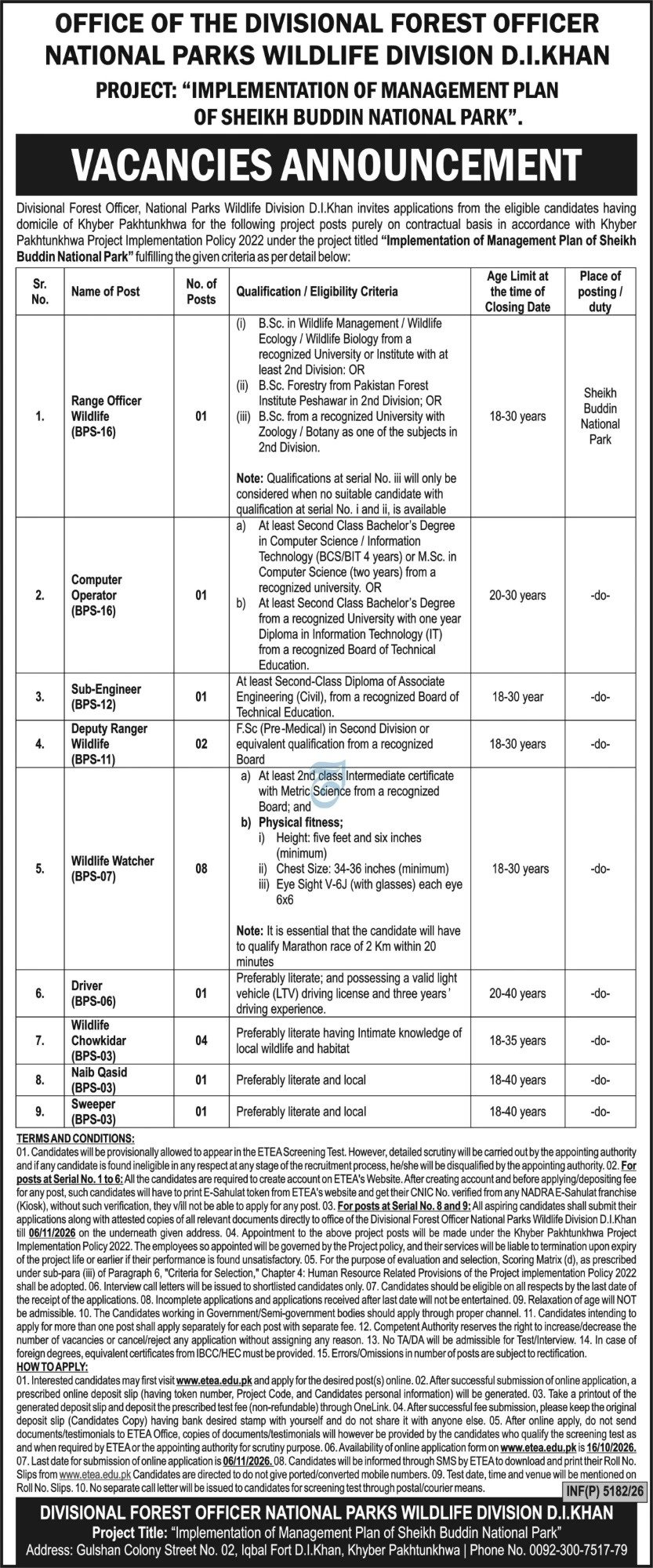 National Parks Wildlife Division D.I. Khan Jobs 2026 Advertisement
